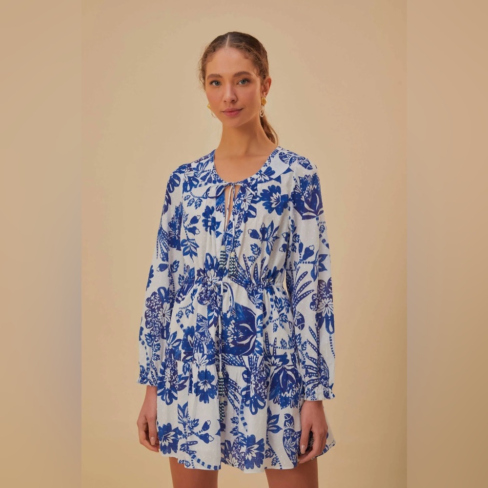 Farm Rio Flowerful Birds Off-white mini dress, size L, NWT